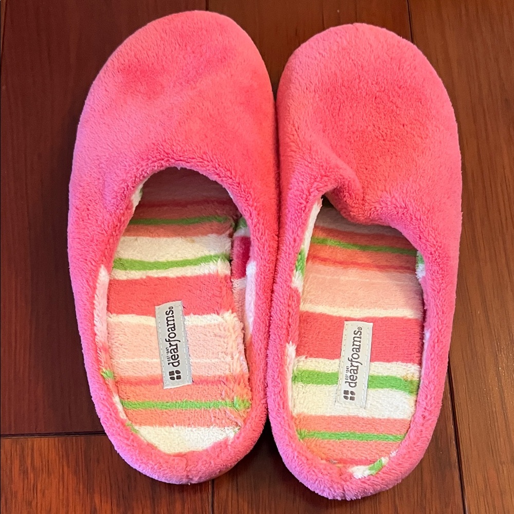 dearfoams Pink Plush Slip-On House Slippers with Striped Insole